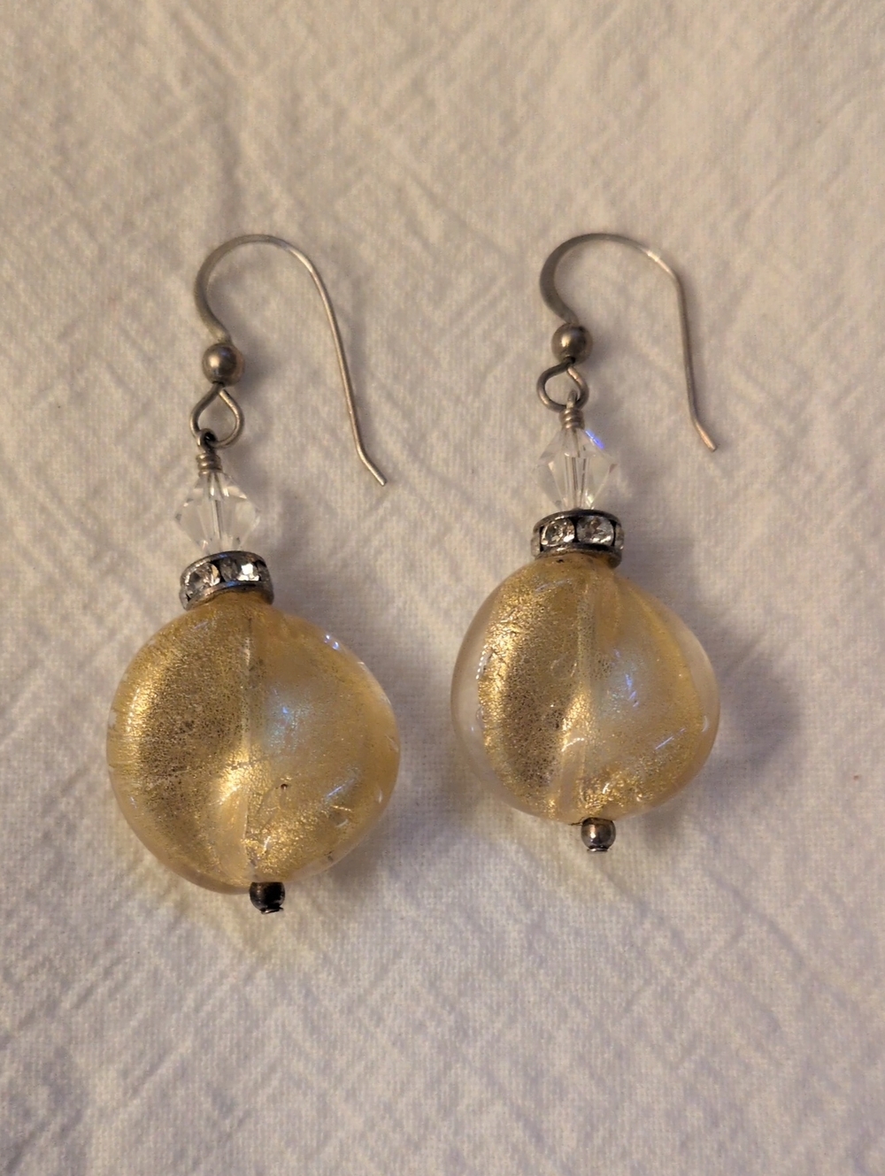 Gold Toned Murano Glass Vintagr Drop Earrings with Crystal Accents